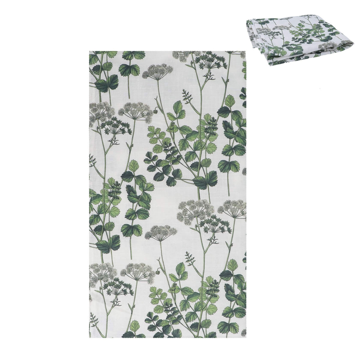 Floral patterned Spring Hedgerow fabric tablecloth with green leaves by Gisela Graham.