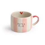 Stoneware mug with 'Super Mum' text and a red heart, designed by Belly Button.