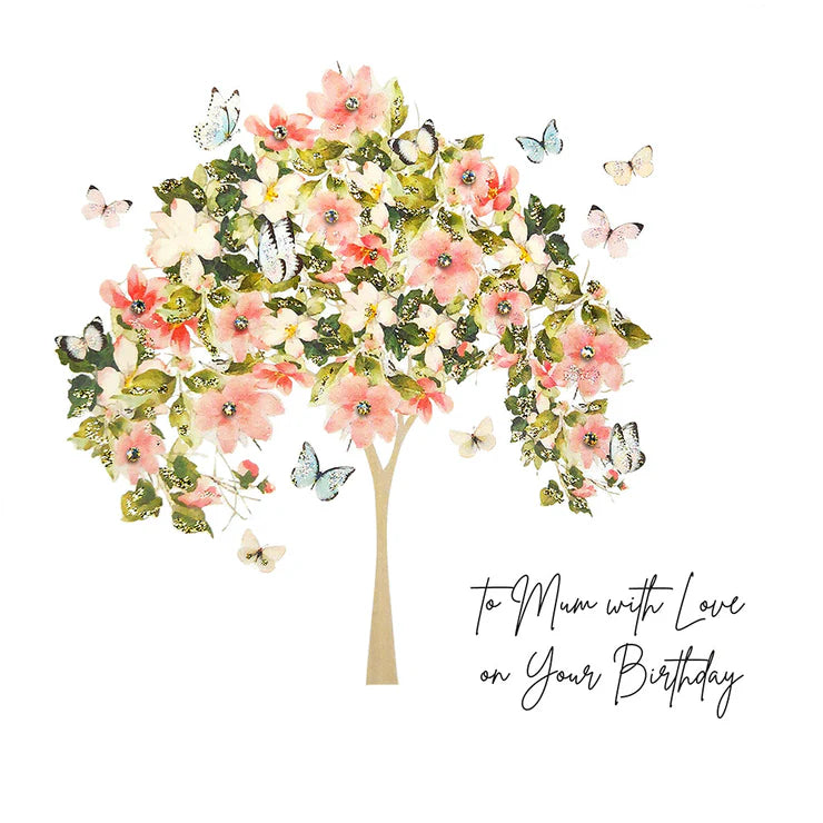 A large watercolor-style birthday card design featuring a flowering tree with pink blossoms, green leaves, and butterflies, with the text 'To Mum with Love on Your Birthday' in black script at the lower right.