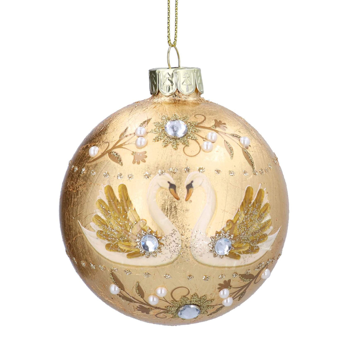 A round gold Christmas ornament featuring two painted white swans with gold wings, decorated with faux pearls, rhinestones by Gisela Graham