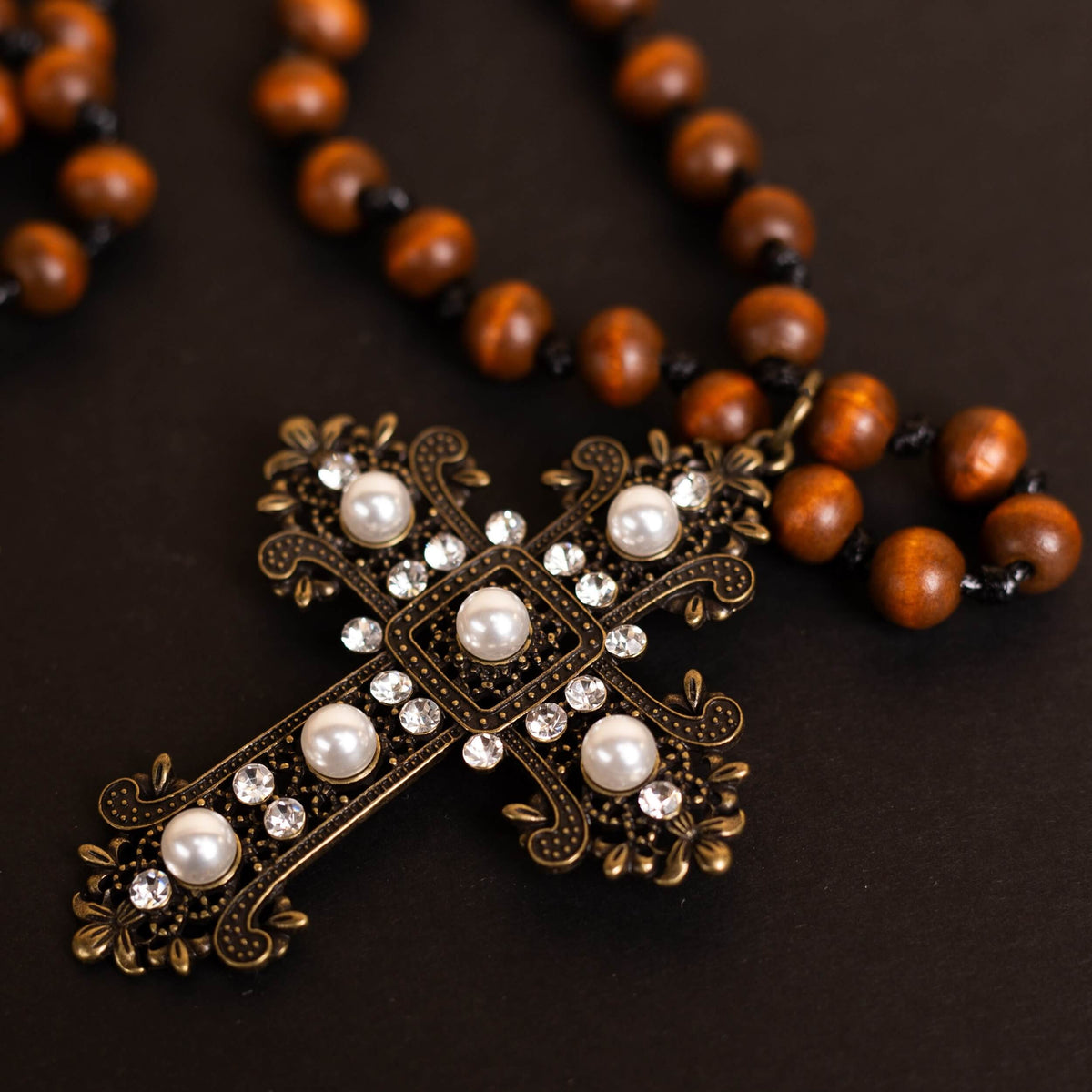 Gold Pearl & Crystal Gothic Cross on Wooden Bead Necklace