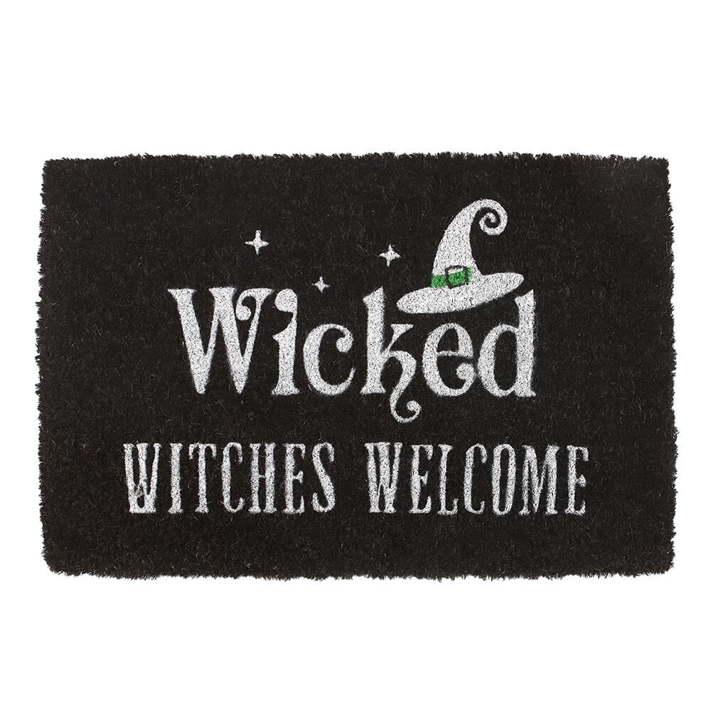 Black coir doormat with 'Wicked Witches Welcome' text and a witch hat design