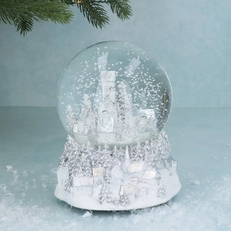 Silver & White Village Musical Snow Globe Gisela Graham