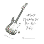 Dad birthday card with a black electric guitar, decorated with red hearts, and rock star pins, shown next to the handwritten text 'with Love to My Wonderful Dad Have a Rockin' Birthday!'.
