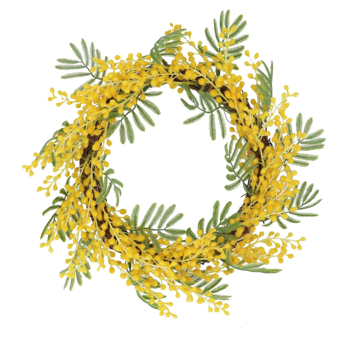 Yellow mimosa flowerand leaves wreath by Gisela Graham