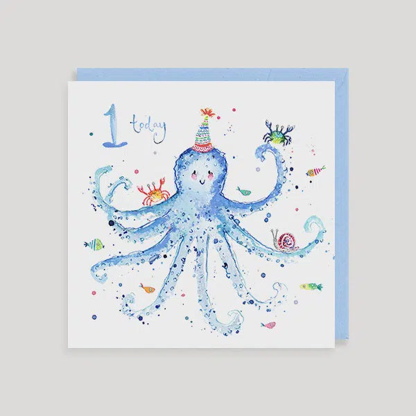 Blue Octopus 1st Birthday Card Age 1