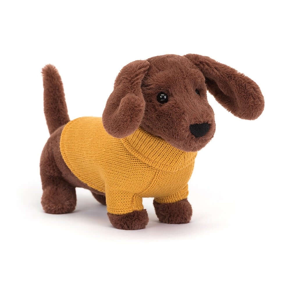 Buy Jellycat Yellow Sweater Sausage Dog at Under the Sun Southend stockist