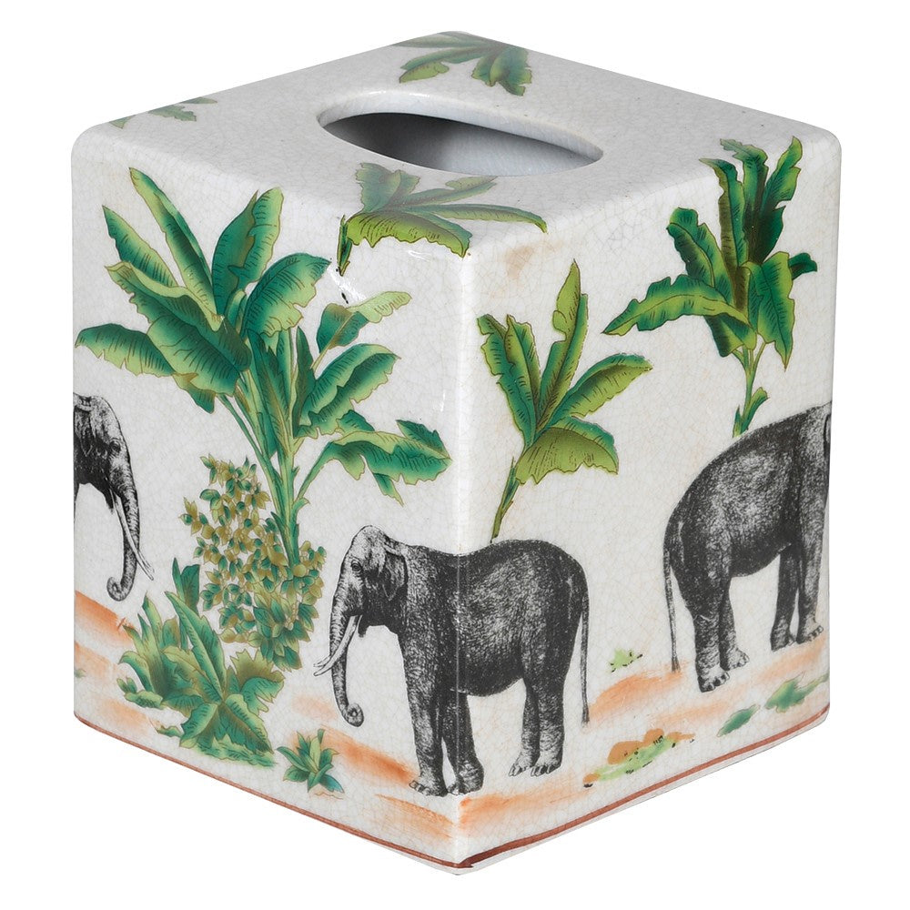 Square ceramic elephant with palm trees tissue box, buy Southend