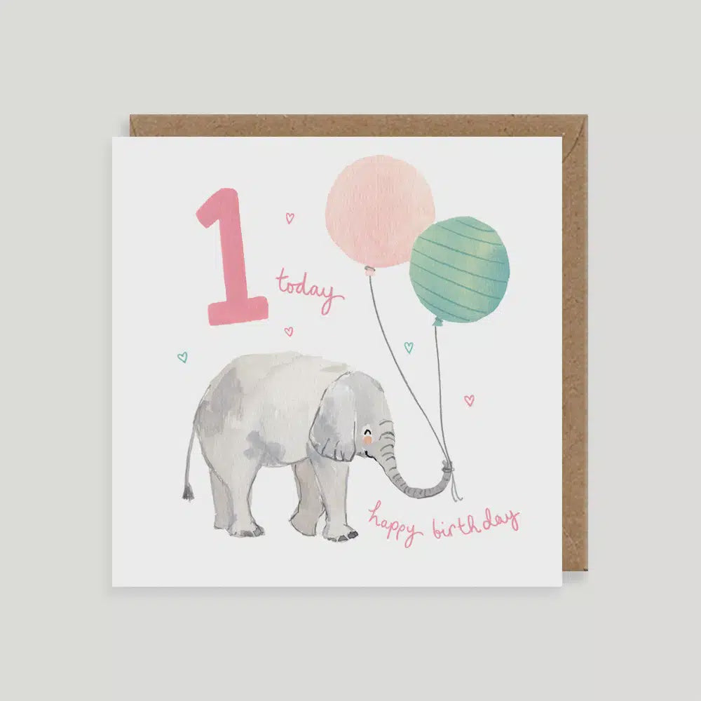 Pink Age 1 Elephant Birthday Card