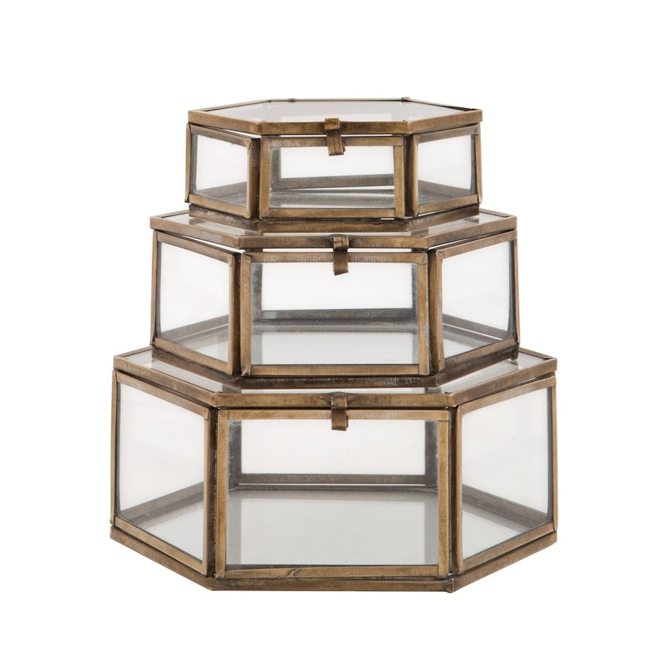 Brass/Glass Hexagonal Box. Set of 3****