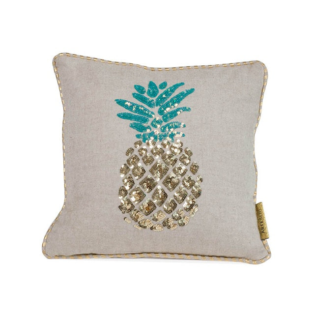 Oatmeal Cushionwith Gold Sequin Pineapple
