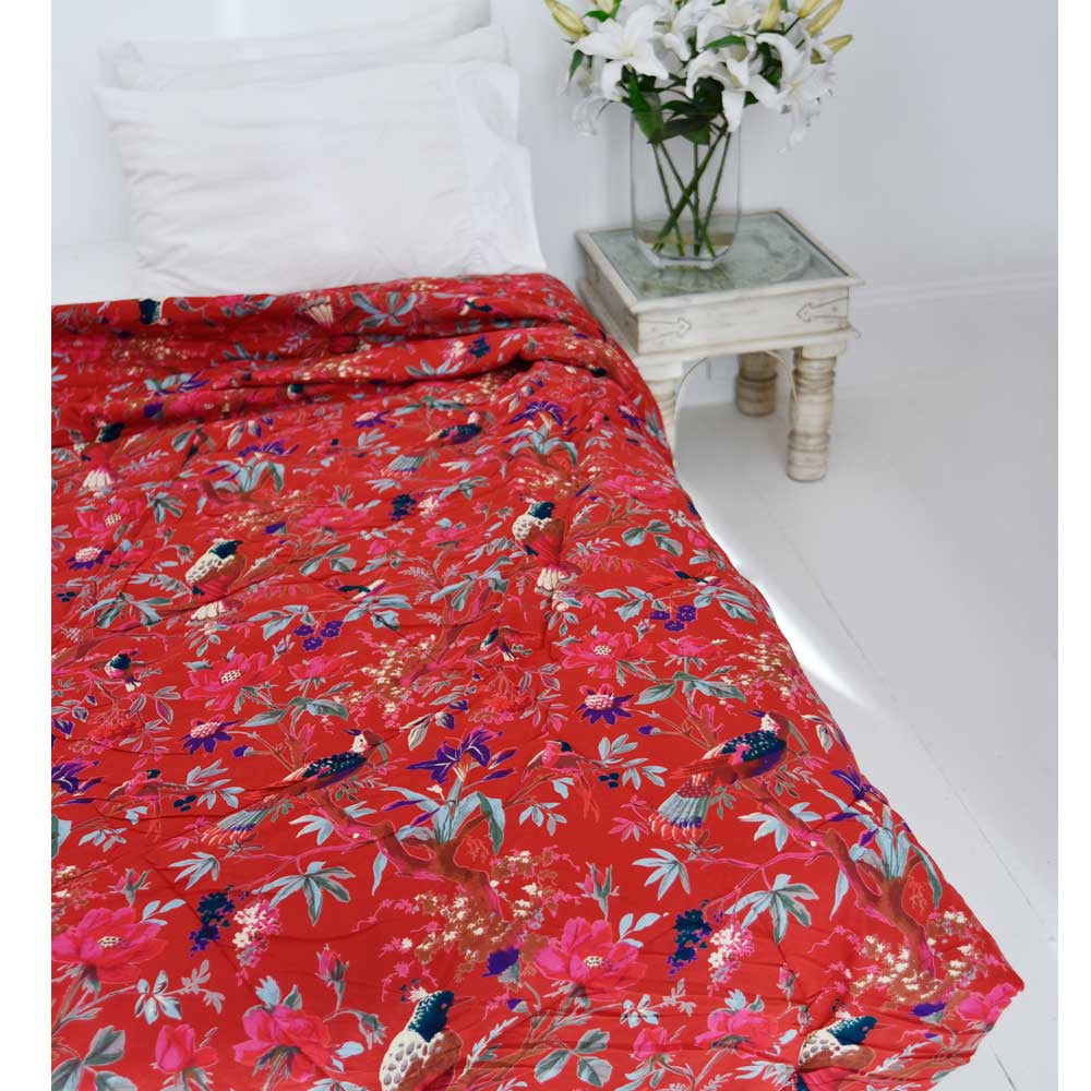 Red Bird Print Quilt / Throw